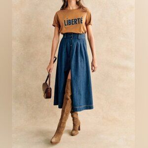 Sézane Clarine Denim Button Front Midi Skirt 100% Organic Cotton Sz 38 (US 6)